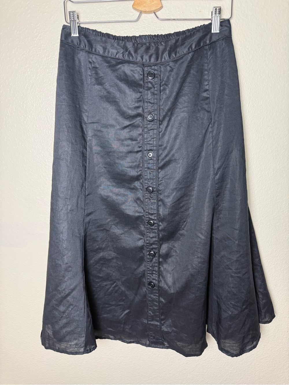 Lino USA 100% Linen Black Midi Skirt with Buttons